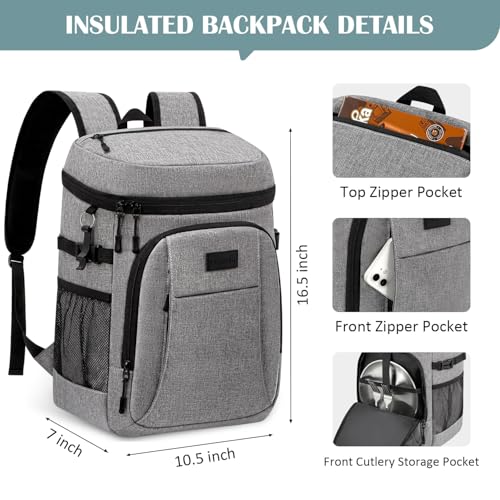 Tuwubi Cooler Backpack 35/42 Cans, Backpack Coolers Insulated Leak Proof for Men Women, Waterproof Soft Sided Lunch Camping Beach Travel Ice Chest Backpack Cooler Bag - color: Grey, size: Medium