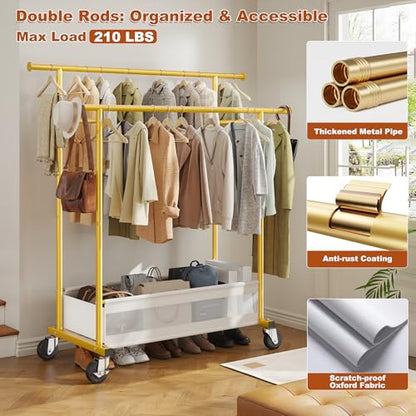 Clothes Rack, Double Rods Clothing Rack, Clothing Racks for Hanging Clothes, Rolling Clothes Rack with Storage Basket & Heavy Duty Wheels, Garment Rack for Bedroom, Laundry Room, Gold - color: Gold