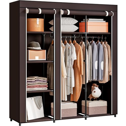 SORCEDAS Portable Wardrobe Closet Storage Organizer Metal Hanging Rack Non-Woven Fabric (Coffee, 51 Inch) - color: Coffee, size: 51 Inch