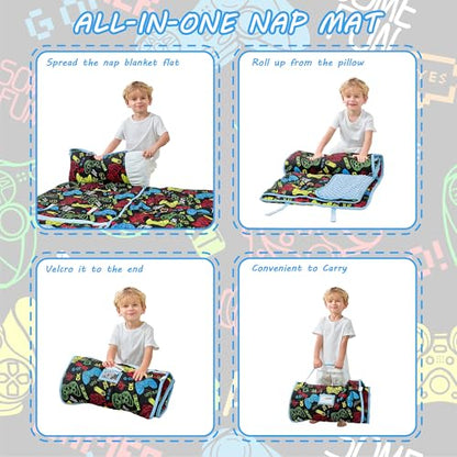 Lasoftan Toddler Nap Mat with Pillow and Blanket, Extra Large Rolled Napping Mats,Slumber Bags for Boys Girls,Kids Sleeping Bag for Daycare, Preschool Travel Camping - color: Game Console