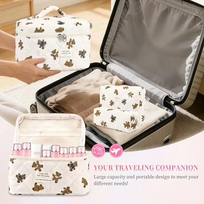 3PCS Coquette Makeup Bag,Quilted Cosmetic Bag Large Make Up Bag Set,Quilted Portable Toiletry Organizer Bag,Cotton Travel Skincare Bag for Women Girls (03-Brown Bear) - style: 03-brown Bear