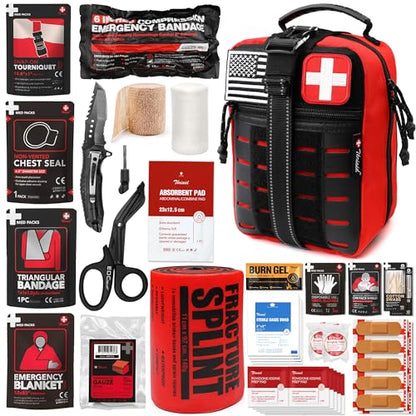 Survival First Aid Kit with Israeli Bandage, Chest Seal, Tourniquet, Splint, Tactical Military Combat Molle IFAK for Wound Care, Bleeding Control, Trauma Hemorrhage and More (Red) - color: Red