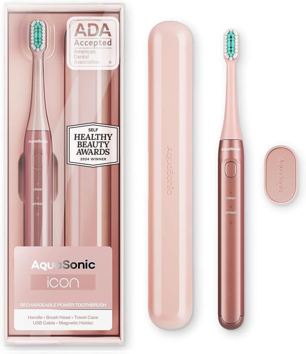 Aquasonic Icon ADA-Accepted Rechargeable Toothbrush | Magnetic Holder & Slim Travel Case | 2 Brushing Modes & Smart Timers | Gentle Micro-Vibrations (Blush) - color: Blush