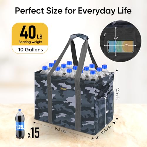 BALEINE Extra Large Utility Tote Bag with Reinforced Wire Frame, Reusable Grocery Bag for Shopping, Picnic (Grey Camouflage, 16.5''x14''x10'') - color: Gray Camouflage, size: 16.5''x14''x10''