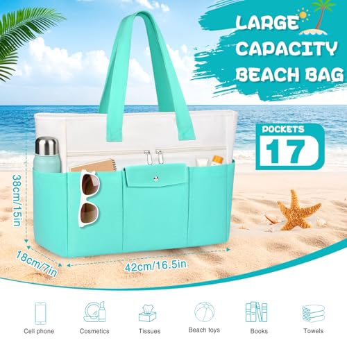 Beach Bags for Women Large Canvas Beach Tote with Zipper Wet Pocket, Waterproof Foldable Swim Pool Travel Tote Bags - color: Lake Green
