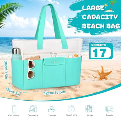 Beach Bags for Women Large Canvas Beach Tote with Zipper Wet Pocket, Waterproof Foldable Swim Pool Travel Tote Bags - color: Lake Green