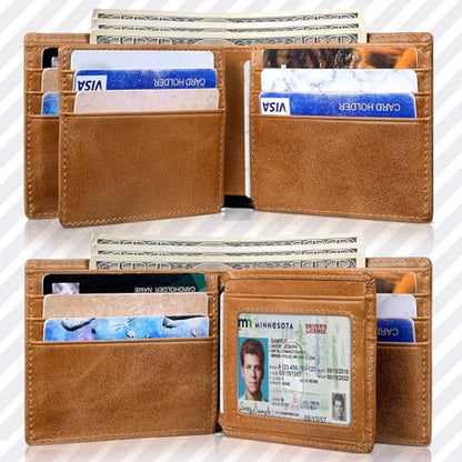 Artpaxy Mens Wallet Genuine Leather Bifold RFID Blocking Wallet for Men with 1 ID Window 13 Card Holders 2 cash pockets 1 Gift Box (Light Brown) - color: Light Brown
