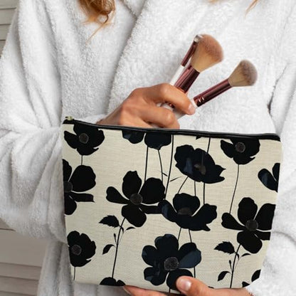 Boho Black and Beige Floral Makeup Cosmetic Bag for Women, Black and White Modern Botanical Flower Aesthetic Portable Travel Toiletry Bag Zipper Makeup Pouch - color: Flower four