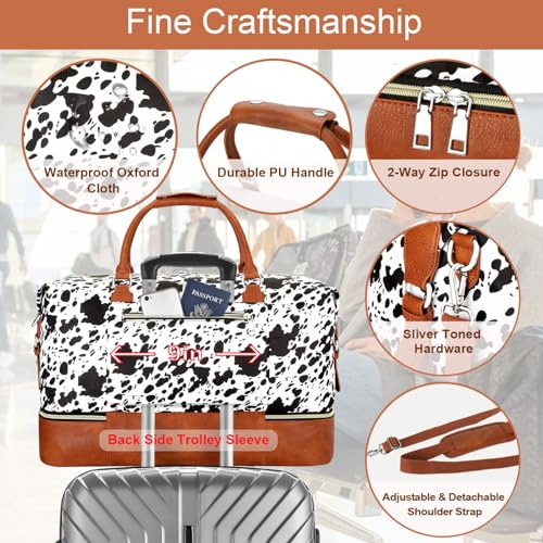 ITIEZY Weekender Overnight Bag for Women - Large Travel Duffel Bag with Shoe Compartment, Gym Duffel Bag Hospital Bag Carry On Tote Bags for Airplanes with Crossbody Bag Toiletry Bag 3Pcs Set - color: 5-Black Cow