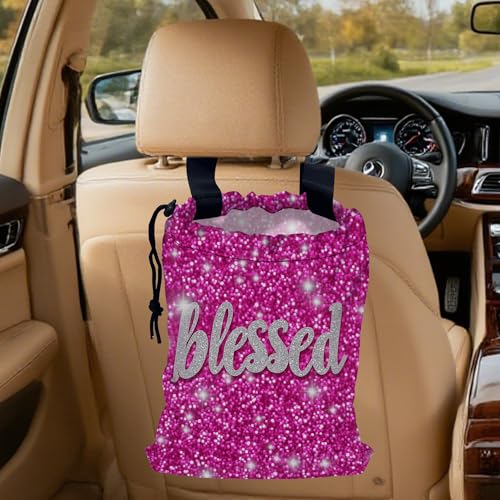Blessed Car Garbage Bag,Pink Glitter Small Car Trash Bag Hanging Back of Seat,Drawstring Car Trash Bag with Adjustable Buckle,Car Accessories for Camping Travelling - color: Blessed