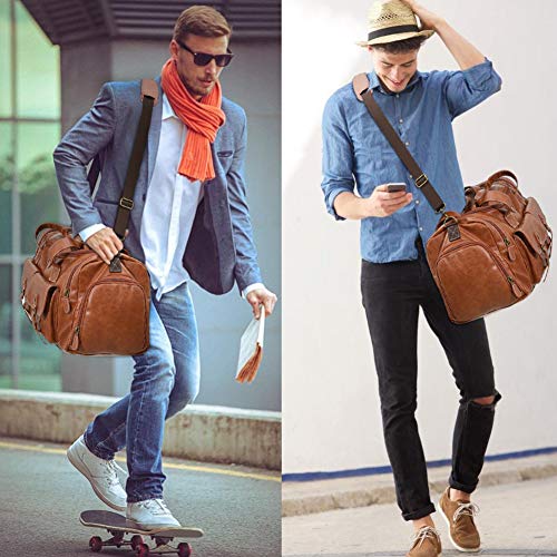 Zeroway PU Leather Travel Duffel Bag with Shoe Pouch Large Carry on Bag Waterproof Weekender Overnight Bag for Men Women Brown - color: Brown