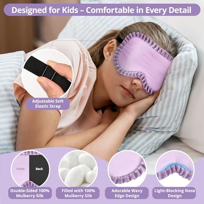 Kids Sleep Mask, 100% Real Mulberry Silk Eye Mask, Sleeping Mask for Kids with Adjustable Elastic Band, Soft & Light Blocking Eye Cover Gift for Boys Girls Teens Age 5+ (Purple) - color: Purple
