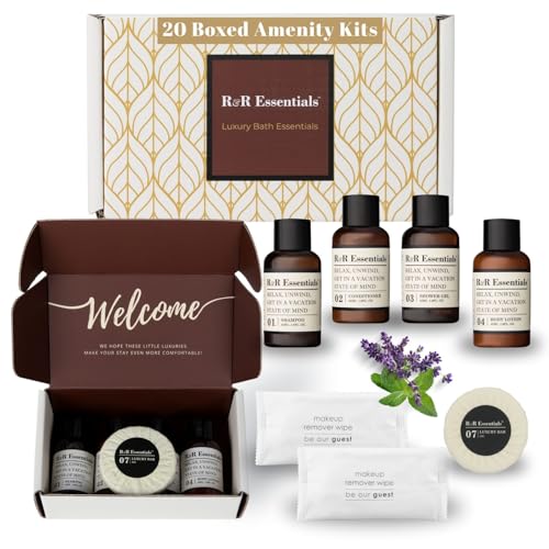 20 Display Ready Boxed Amenity Kits with Premium Hotel Toiletry Essentials - 1.5 oz Shampoo, Conditioner, Shower Gel, Lotion, 1.2 oz Guest Soap & 2 Makeup Remover Wipes - Air bnb & Vacation Rentals - style: 20 Sets (Boxed/Display Ready)