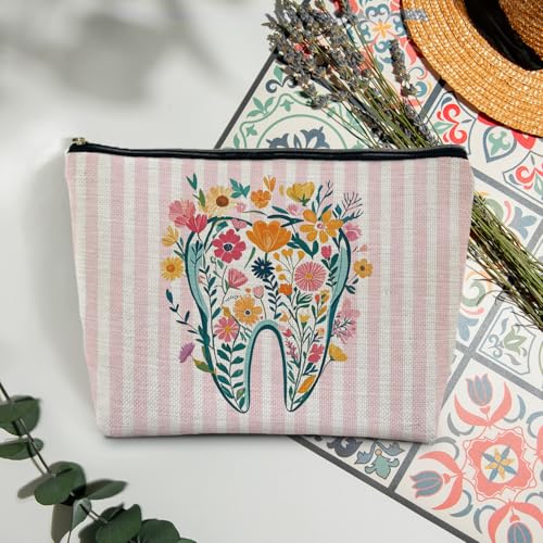 Dental Floral Makeup Bag, Dental Hygienist Assistant Gifts Makeup Cosmetic Bag Travel Toiletry Bag for Women, Best Dentist Gift Zipper Makeup Pouch - color: Dentist Flower