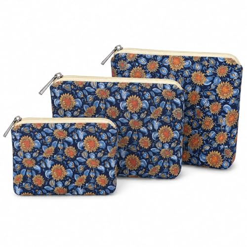 Small Cosmetic Bag Set of 3 for Purse, Sunflower Print Cotton Makeup Pouch Set, 3 Sizes Zipper Organizer for Travel & Toiletries, Gift for Her Birthday, Bridesmaid & Best Friend - color: Sunflower/Cotton