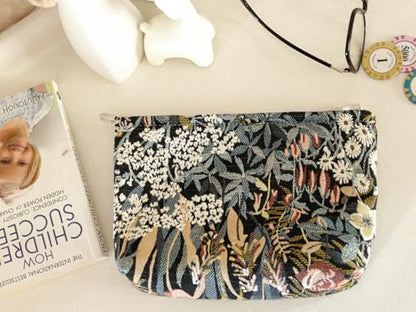 HAPPYHEIDI Cute Floral Makeup Bag Cosmetic Travel Pouch with Bottom and Zipper, Purse Make Up Organizer, Aesthetic Textured Fabric, Large - color: Classic Black Floral Large