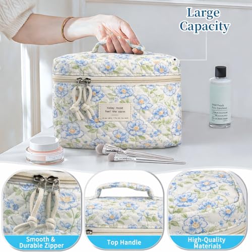 NATINSA Cute Makeup Bag for Women(2 Pcs), Travel Cosmetic Bags, Quilted Coquette Aesthetic Floral Toiletry Organizer Bag (49 - Green Leaf/4PCS) - color: 49 - Green Leaf/4PCS