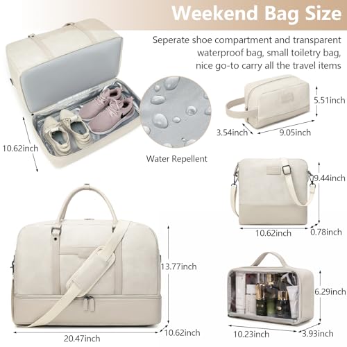 Wogarl Weekender Bag for Women Men Large Overnight Bag Travel Duffel Bag with Shoe Compartment Toiletry Satchel Bag Carry On Bag Fit 21" Laptop - color: White