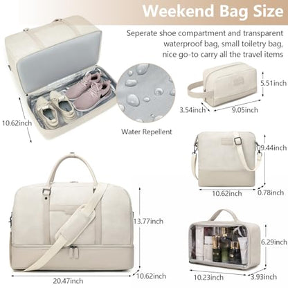Wogarl Weekender Bag for Women Men Large Overnight Bag Travel Duffel Bag with Shoe Compartment Toiletry Satchel Bag Carry On Bag Fit 21" Laptop - color: White