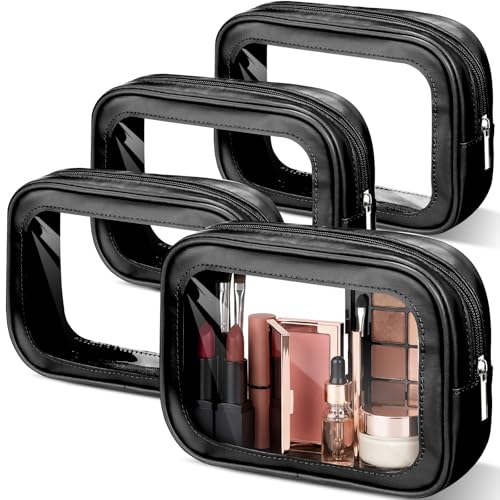 Abbylike 4 Pcs Clear Makeup Bag PU Leather Tsa Approved Toiletry Bag with Zipper Transparent Waterproof Portable Cosmetic Bags Travel Car Clear Organizer Bags for Gifts Women Girl Mother's Day, Black - color: Black