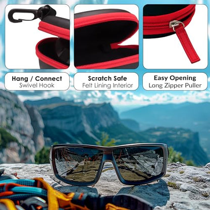 MyEyeglassCase Sports Sunglasses Case and Slim wallet Semi hard large glasses case w/belt clip soft pouch & cloth - color: B15hc Black/Red1