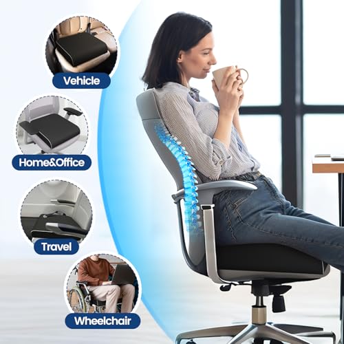 SweetSlubr Seat Cushion for Tailbone Pain Relief, Office Chair Cushion, Chair Pad, Memory Foam Large Cushion with Non-Slip Cover for Soft Support at Office Chair, Car Seat, Airplane, Black/Large