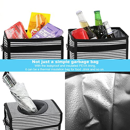 Femuar Leak Proof Car Trash Can With Lid - Waterproof Garbage Bag With Storage Mesh Pocket, Large/Stripe - color: Stripe, size: 3 Gallons
