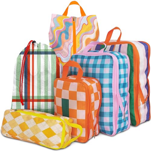 6 Pcs Compression Packing Cubes, Packing Cubes for Travel, Waterproof Luggage Organizer Bags Set, Cute Packaging Cubes for Women Kids Backpack Carry-Ons - color: Colorful Plaid, size: 6 Set