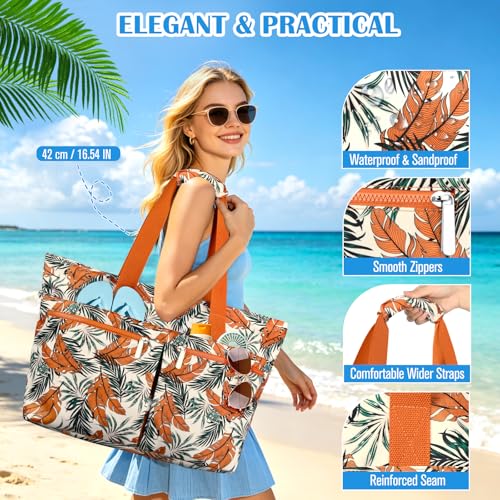 HUANLANG Large Beach Bags for Women Pool Bag with Zipper, Waterproof Sandproof Beach Tote Travel Bag with Wet Pocket - color: Orange Floral