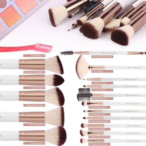 Real Perfection Makeup Brush Set 16 Pcs with 1 Eyebrow Razor Premium Synthetic Foundation Powder Concealers Eyeshadow Blush Makeup Brushes Make up Brushes Kit (White) - color: White