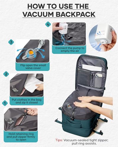 coofay Vacuum Backpack Travel with Pump Travel Backpack with Vacuum System Compression Backpacks for Traveling Easyvacpack Vacpack Backpacks Carry on Luggage - color: Peacock Blue, size: Extended-with Pump