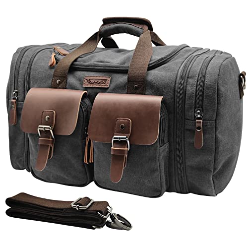 Wildroad 60L Travel Duffel Bag, Expandable Canvas Genuine Leather Duffle Bag Upgraded Overnight Weekender Bag Carry on Bag - color: Black, size: X Large-60L Duffle Bag