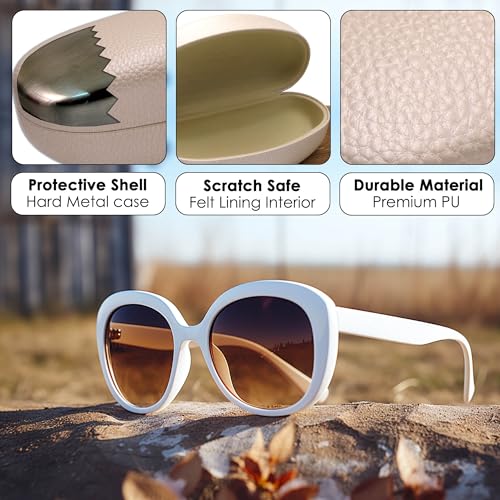 MyEyeglassCase® Large Hard Sunglasses Case | fits Large curved Sunglasses, with microfiber bag and cleaning cloth - color: Pearl /Cream