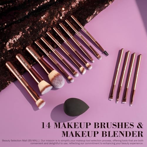 BS-MALL 14 Pcs Makeup Brushes Set with 1 Pcs Makeup Sponge – Essential Foundation Powder Concealers, Eye Shadows, Blush Makeup Brushes with Travel Makeup Case (Coffee) - color: Coffee
