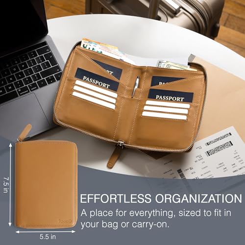 Full Grain Leather Family Passport Holder for 4 Passports - RFID Passport Holder and Travel Document Organizer - Large Leather Travel Wallet for Families - Camel - color: Tan