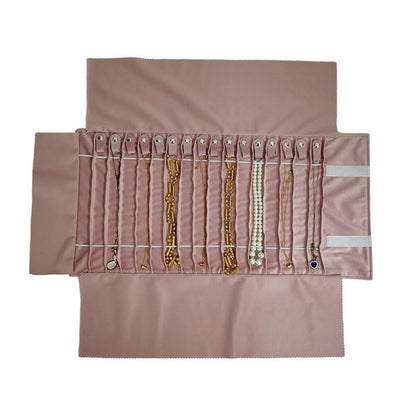 Portable Jewelry Roll Untangled Secure Necklace Travel Storage Bag Displays Holder 16 Chain (gray PU and pink) - color: gray PU and pink