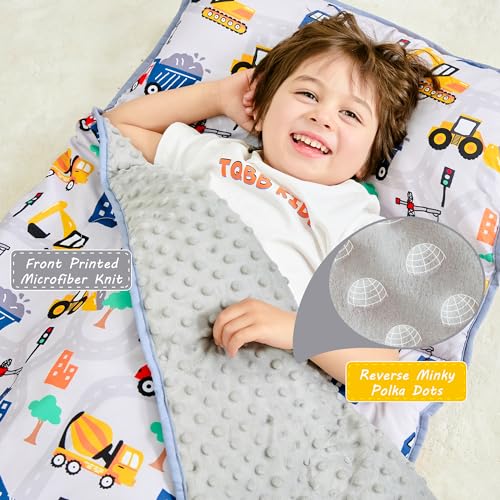 Lasoftan Toddler Nap Mat with Pillow and Blanket, Extra Large Rolled Napping Mats,Slumber Bags for Boys Girls,Kids Sleeping Bag for Daycare, Preschool Travel Camping - color: Truck