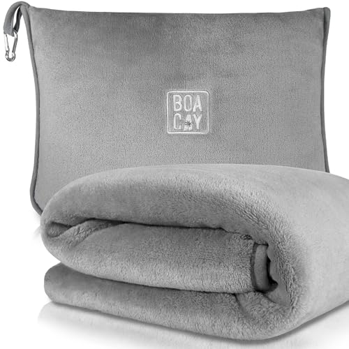 BOACAY Soft & Warm Travel Blanket for Airplane & Car - Long Flight Essential for Women, Men, Kids - Compact Pillow with Luggage Sleeve & Backpack Clip - color: Gray