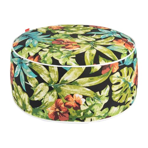 Outdoor/Indoor Inflatable Ottoman Pouf D20 xH9, All Weather Round Footstool with Handle, Water Repellent Portable Footrest for Patio Garden Camping Travel-Tropical Green Leaves - color: A Maui Tropical Black