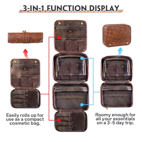 Custom 3-in-1 PU Leather Toiletry Bag For Men Personalized Hanging Travel Organizer Bag for Father Husband Boyfriend (Dark Brown) - color: Dark Brown