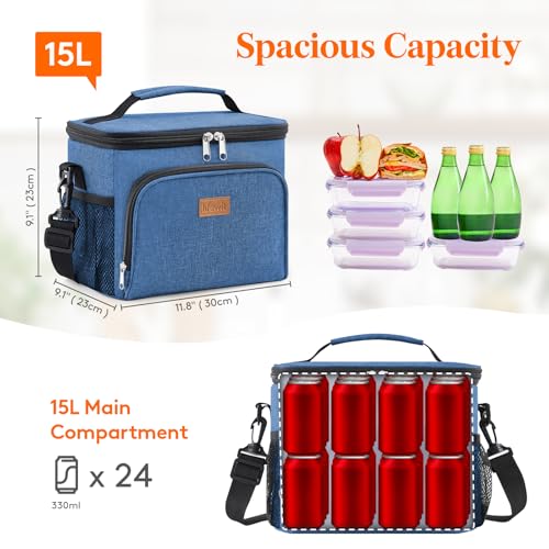 Lifewit Reusable Insulated Lunch Bag, Portable Cooler Freezable Soft Lunchbox Leakproof with Adjustable Shoulder Strap for Men Women Adult for Work Picnic or Travel, 15L 24 Can, Blue - color: Dark Blue, size: Large(15L)