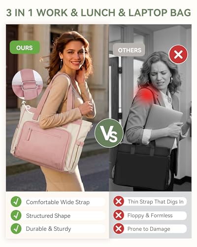 HOMESPON Lunch Bag, 24.5L Large Tote Bag for Women, Laptop Bag Fits 15.6" with Insulated Lunch Compartment & Shoulder Strap, Work Tote for Nurse, Teacher, Office, Commute, Travel, Beige-pink - color: Pink