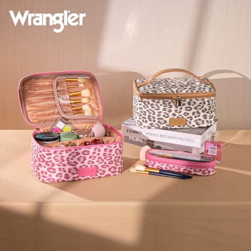Montana West X Wrangler Travel Makeup Bag 2pcs Set Large Cosmetic Bag with Makeup Brush Holder Portable Make Up Organizer Cute Toiletry Bag with Divider and Handle for Women Leopard - color: Leopard-Pink