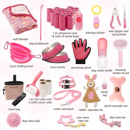 FLYSTAR Puppy Supplies Starter Kit - 42 pcs Puppy Essentials Includes Dog Squeaky Toys, Collar, Leash, Treat Bag, Poop Waste Bag, Blanket, Bowls, Water Bottles, Brush, Training Clicker and More. - color: Pink, size: 42 pcs