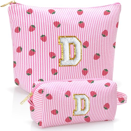 Personalized Initial Makeup Bag,Strawberry Print Preppy Cosmetic Toiletry Travel Bag,Trendy Letter Makeup Pouch for Teen Girls and Women,Holiday & Birthday Gift,2 Pack (D, Pink Strawberry) - style: D