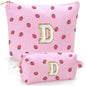 Personalized Initial Makeup Bag,Strawberry Print Preppy Cosmetic Toiletry Travel Bag,Trendy Letter Makeup Pouch for Teen Girls and Women,Holiday & Birthday Gift,2 Pack (D, Pink Strawberry) - style: D