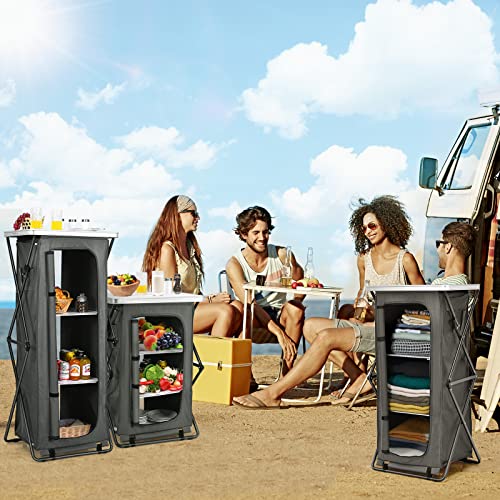 Giantex Folding Camping Storage Cabinet with 3 Shelves and Carry Bag, Portable Outdoor Organizer Kitchen Table, Quick Set-up for BBQ, Picnic, Backyard, Compact Pop-Up Cupboard, 35''H - size: 35''H