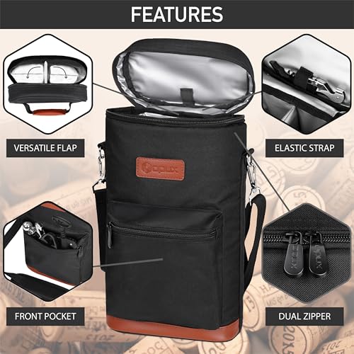 opux Wine Bag 2 Bottle Wine Tote Carrier, Insulated Wine Cooler Bag for Travel Picnic, Leakproof Portable Bottle Padded Case, Wine Gifts For Women Men Wine Lovers Christmas, Black - color: Solid Black