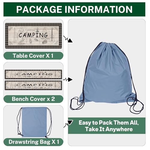 Picnic Table Cover with Bench Covers Elastic Edges, Blue Camper Fitted Table Cover, Outdoor Patio Camping Essentials 72 Inch 3PCS, Waterproof Camping Fitted Tablecloth with Drawstring Bag - color: Blue Plaid, size: 72in