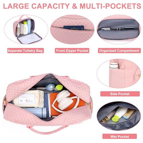 Travel Duffle Weekender Bags for Women - Weekend Bag Womens with Shoe Compartment Carry On Overnight Bag with Toiletry Bag Duffel Bags Wet Pocket Gym Hospital for Labor and Delivery Pink 3 Pcs Set - color: 01-Pink-3Pcs
